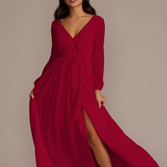David's Bridal Apple Long Sleeve Chiffon Dress - Picture 1 of 11